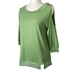 Brittany Humble One Side Cold-Shoulder Elbow Sleeve Knit Tunic Top Cut Out Olive